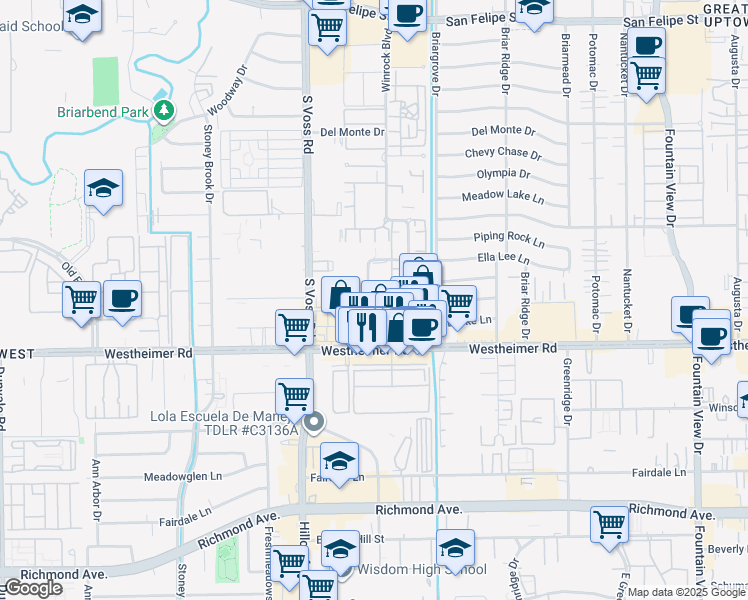 map of restaurants, bars, coffee shops, grocery stores, and more near 2627 Marilee Lane in Houston