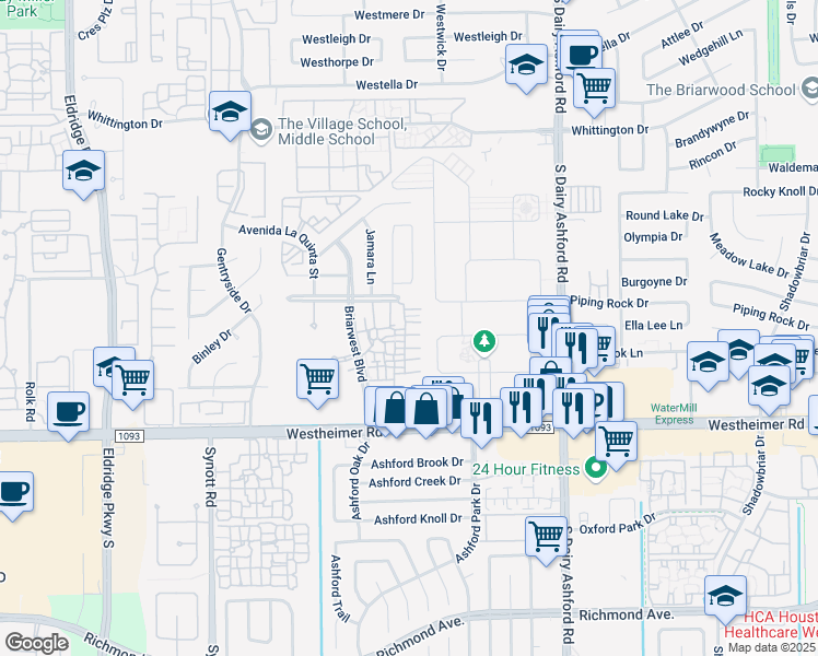 map of restaurants, bars, coffee shops, grocery stores, and more near 2379 Briarwest Boulevard in Houston
