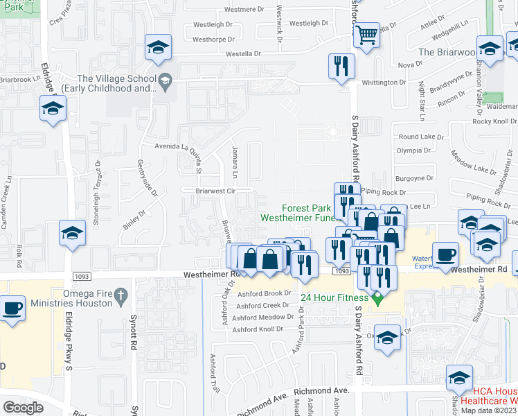 map of restaurants, bars, coffee shops, grocery stores, and more near 2379 Briarwest Boulevard in Houston