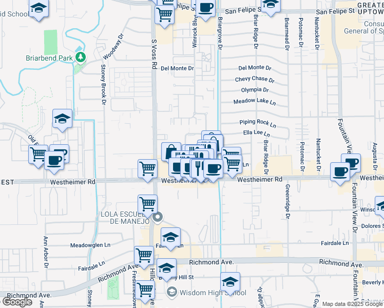 map of restaurants, bars, coffee shops, grocery stores, and more near 2623 Marilee Lane in Houston
