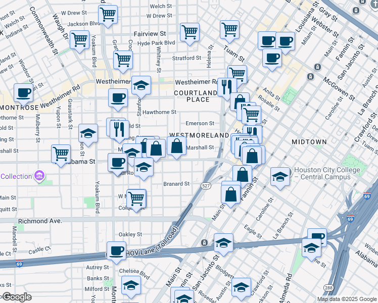 map of restaurants, bars, coffee shops, grocery stores, and more near 418 West Alabama Street in Houston