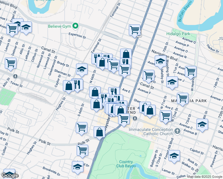 map of restaurants, bars, coffee shops, grocery stores, and more near 6705 Avenue C in Houston