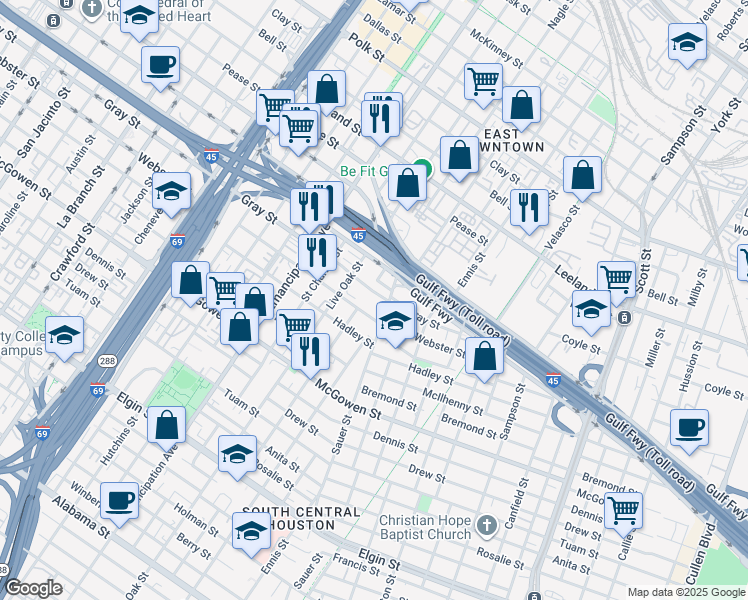 map of restaurants, bars, coffee shops, grocery stores, and more near 2118 Sauer Street in Houston