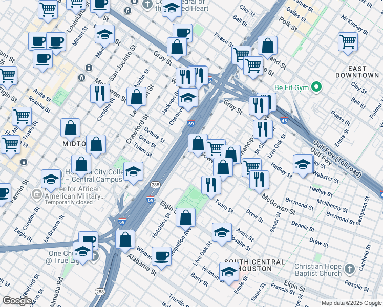 map of restaurants, bars, coffee shops, grocery stores, and more near 2016 Dennis Street in Houston