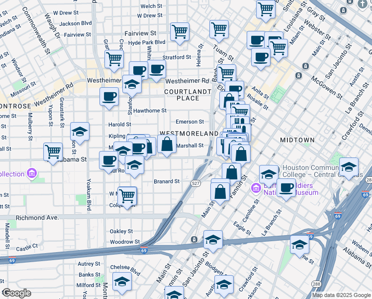 map of restaurants, bars, coffee shops, grocery stores, and more near 230 West Alabama Street in Houston