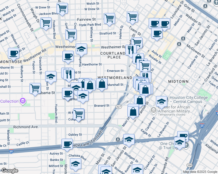 map of restaurants, bars, coffee shops, grocery stores, and more near 418 West Alabama Street in Houston