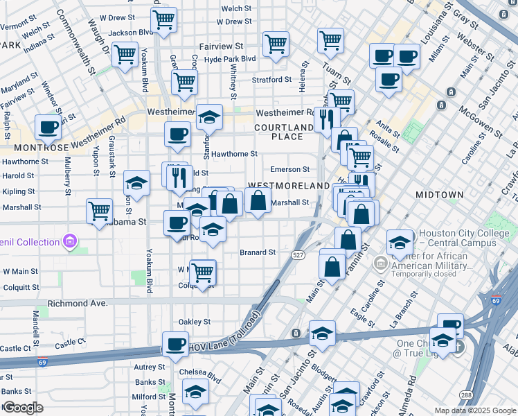 map of restaurants, bars, coffee shops, grocery stores, and more near 418 West Alabama Street in Houston