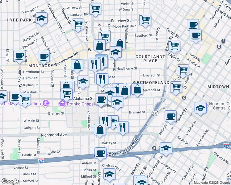 map of restaurants, bars, coffee shops, grocery stores, and more near 820 West Alabama Street in Houston