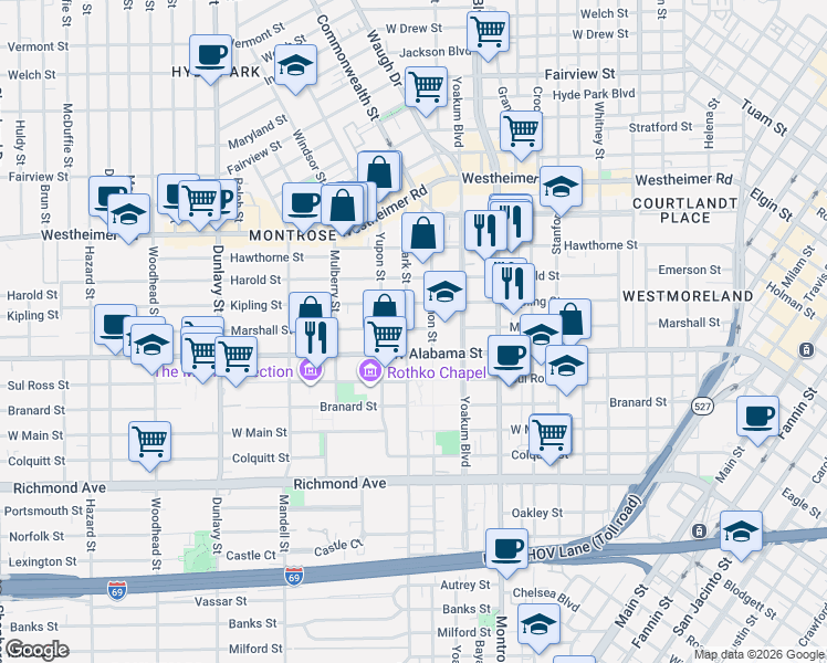map of restaurants, bars, coffee shops, grocery stores, and more near 3716 Mount Vernon Street in Houston