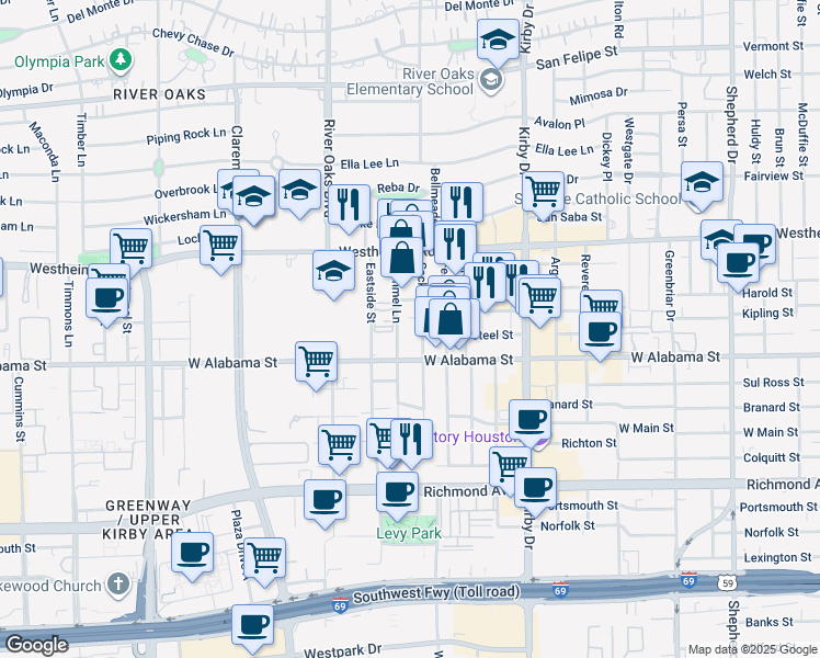 map of restaurants, bars, coffee shops, grocery stores, and more near in Houston