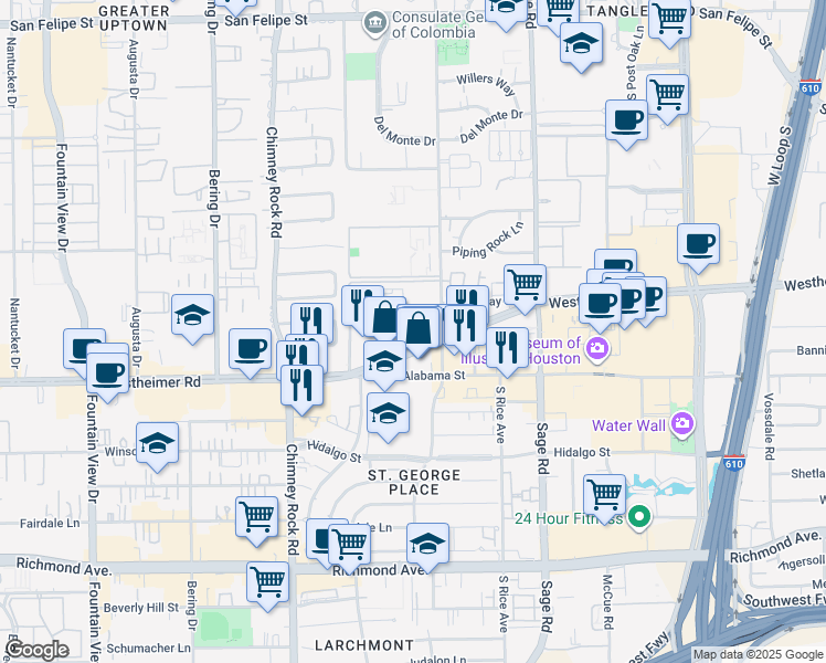 map of restaurants, bars, coffee shops, grocery stores, and more near 5420 Westheimer Road in Houston