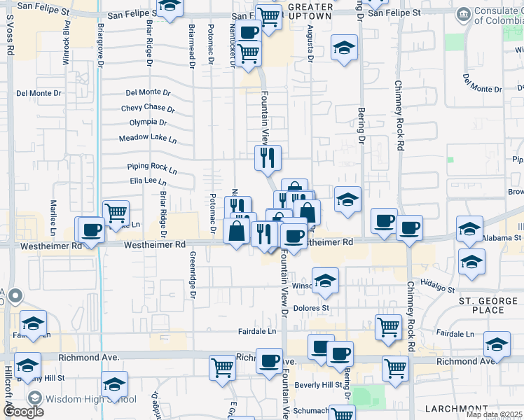 map of restaurants, bars, coffee shops, grocery stores, and more near 2650 Fountain View Drive in Houston