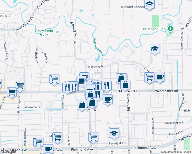 map of restaurants, bars, coffee shops, grocery stores, and more near 8760 Westheimer Road in Houston