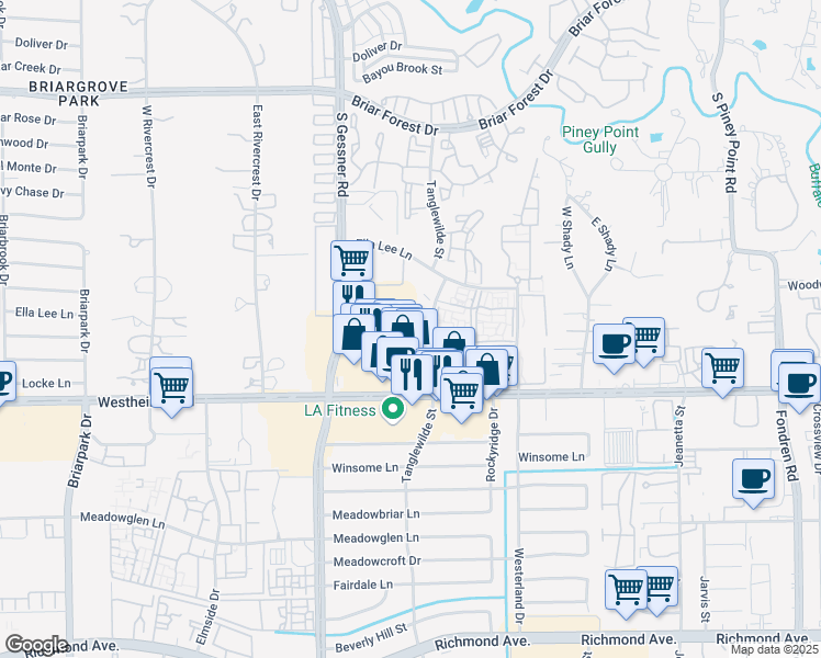 map of restaurants, bars, coffee shops, grocery stores, and more near 9526 Westheimer Road in Houston