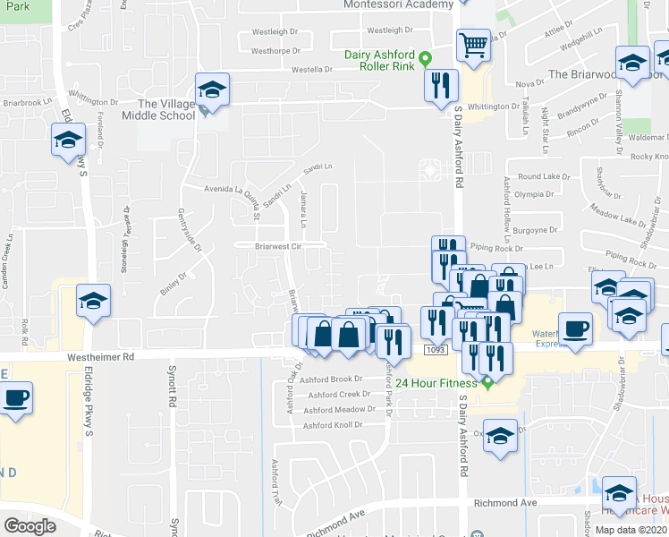 map of restaurants, bars, coffee shops, grocery stores, and more near 2379 Briarwest Boulevard in Houston