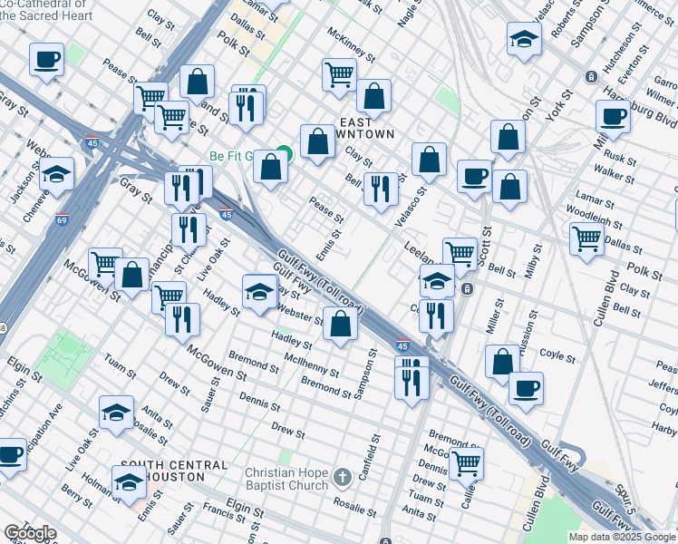 map of restaurants, bars, coffee shops, grocery stores, and more near 3131 Gulf Freeway in Houston