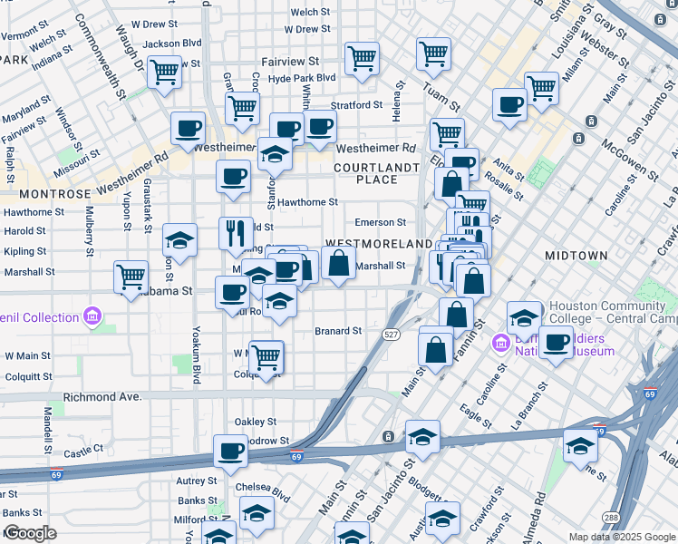 map of restaurants, bars, coffee shops, grocery stores, and more near 3704 Garrott Street in Houston