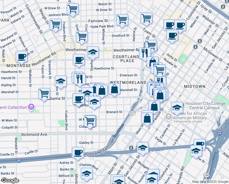map of restaurants, bars, coffee shops, grocery stores, and more near 3704 Garrott Street in Houston