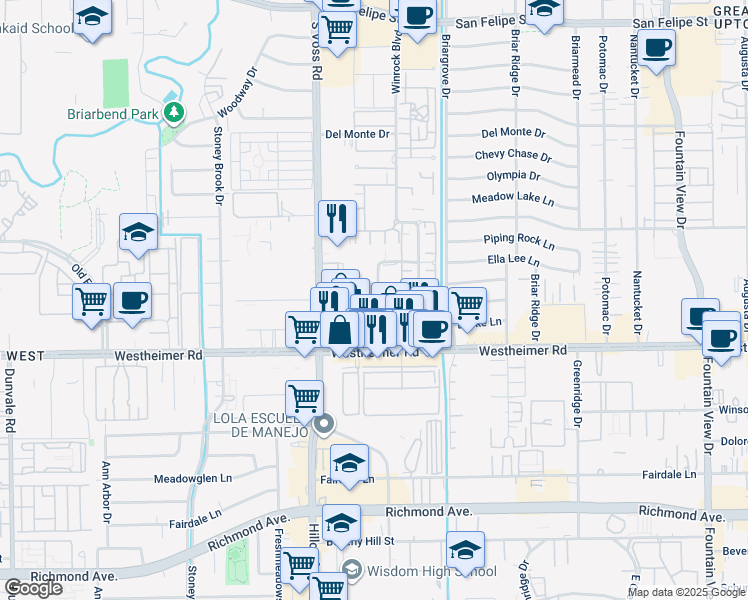 map of restaurants, bars, coffee shops, grocery stores, and more near 2660 Marilee Lane in Houston