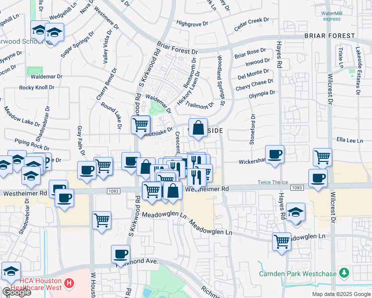 map of restaurants, bars, coffee shops, grocery stores, and more near 11673 Village Place Drive in Houston