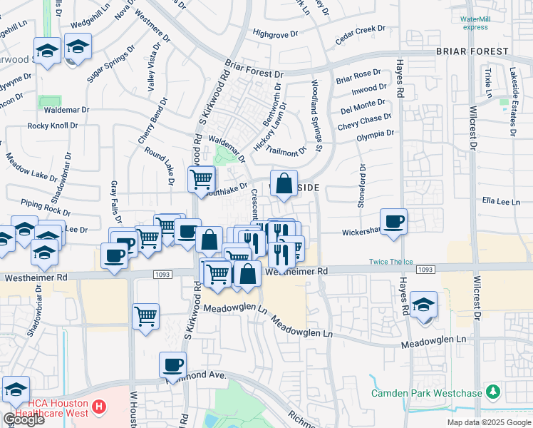 map of restaurants, bars, coffee shops, grocery stores, and more near 11673 Village Place Drive in Houston