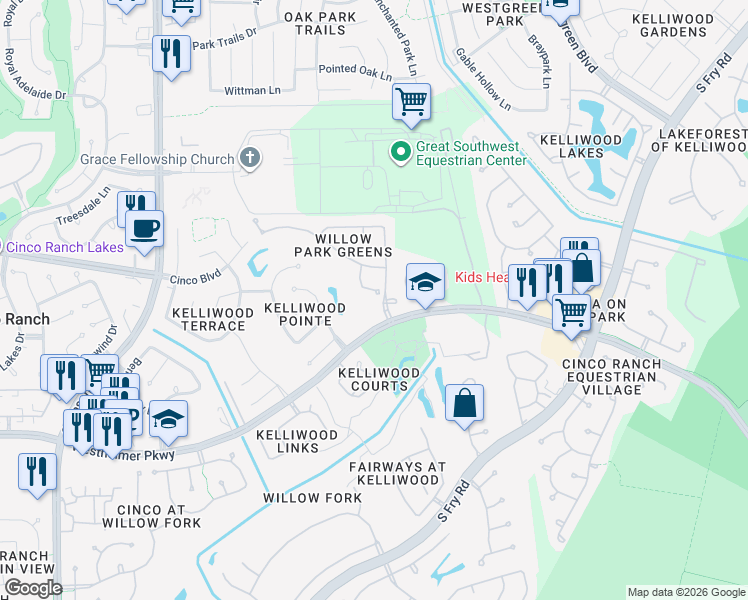 map of restaurants, bars, coffee shops, grocery stores, and more near 3114 Willow Trace Court in Katy