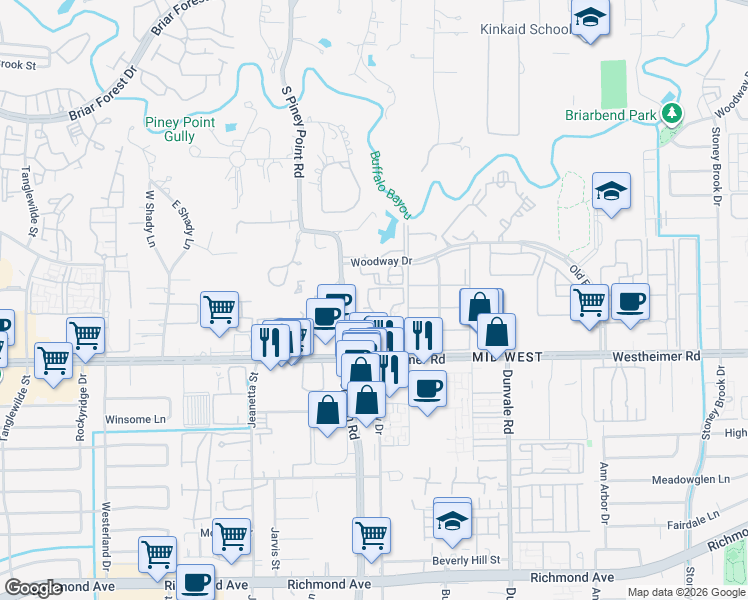 map of restaurants, bars, coffee shops, grocery stores, and more near 8740 Westheimer Road in Houston