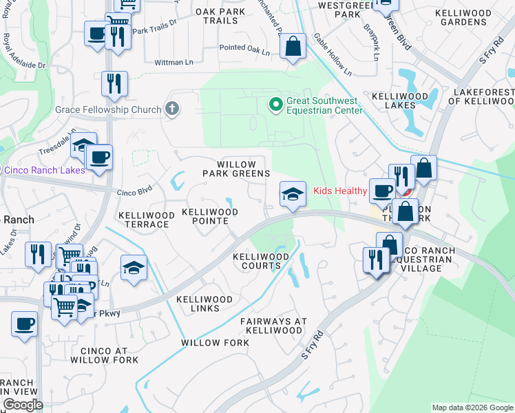 map of restaurants, bars, coffee shops, grocery stores, and more near 3114 Willow Trace Court in Katy