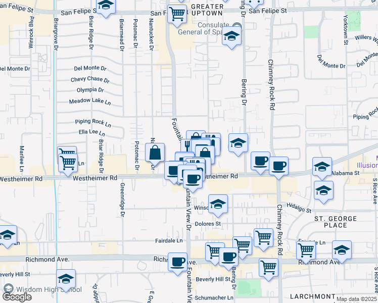 map of restaurants, bars, coffee shops, grocery stores, and more near 2425 Fountain View Drive in Houston