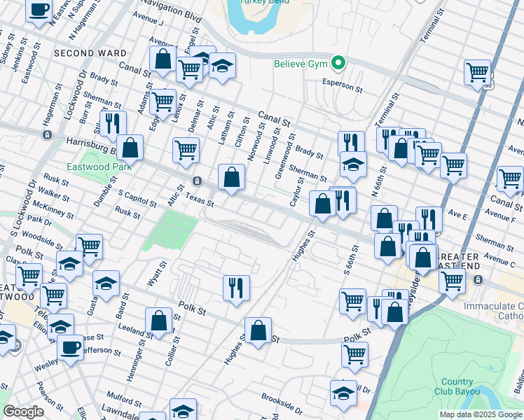map of restaurants, bars, coffee shops, grocery stores, and more near 6015 Texas Street in Houston