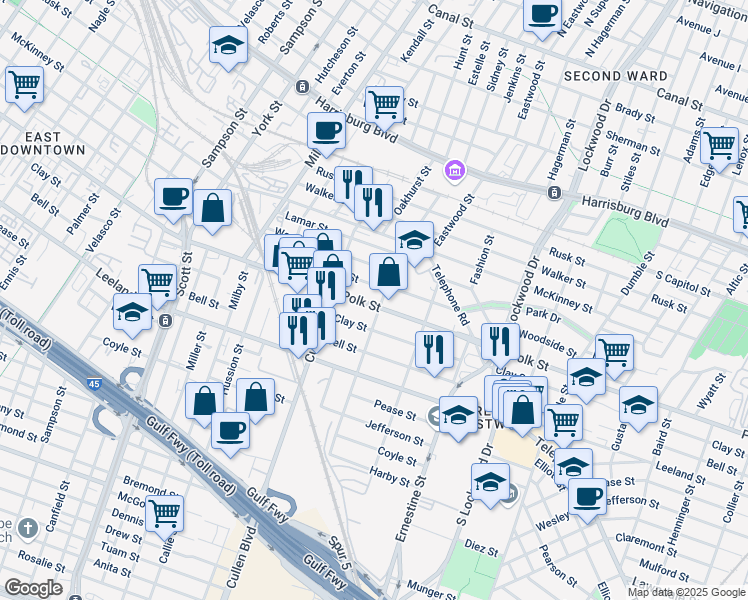map of restaurants, bars, coffee shops, grocery stores, and more near 1305 Sidney Street in Houston