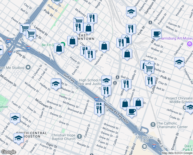 map of restaurants, bars, coffee shops, grocery stores, and more near 1714 Sampson Street in Houston