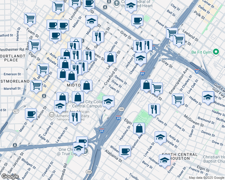 map of restaurants, bars, coffee shops, grocery stores, and more near 2937 Jackson Street in Houston
