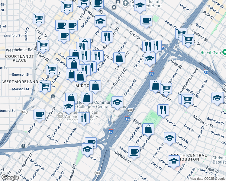 map of restaurants, bars, coffee shops, grocery stores, and more near 2937 Jackson Street in Houston