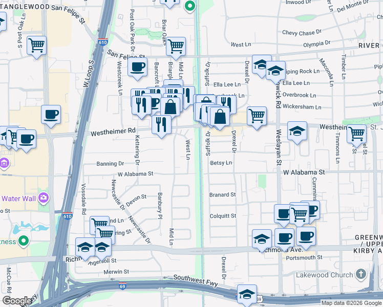 map of restaurants, bars, coffee shops, grocery stores, and more near 2902 West Lane in Houston