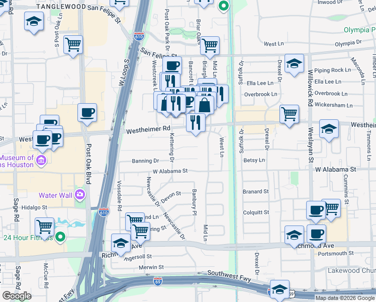 map of restaurants, bars, coffee shops, grocery stores, and more near 4527 Banning Drive in Houston