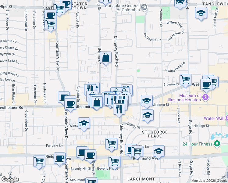 map of restaurants, bars, coffee shops, grocery stores, and more near 5704 Westheimer Road in Houston
