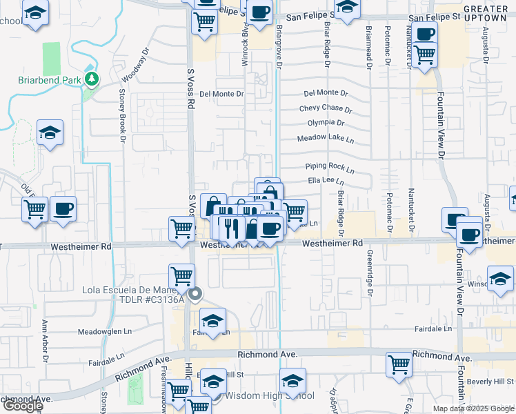 map of restaurants, bars, coffee shops, grocery stores, and more near 2627 Marilee Lane in Houston