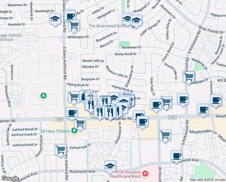 map of restaurants, bars, coffee shops, grocery stores, and more near 12200 Overbrook Lane in Houston