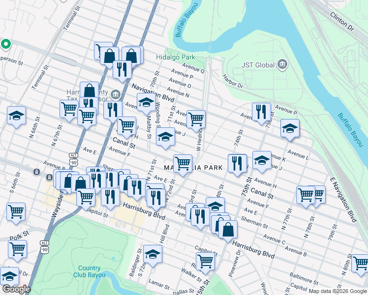map of restaurants, bars, coffee shops, grocery stores, and more near 7137 Avenue H in Houston