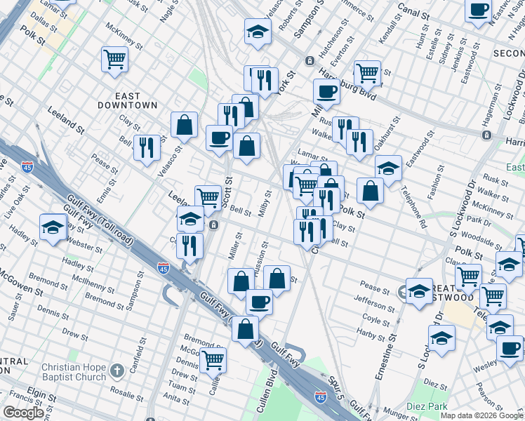map of restaurants, bars, coffee shops, grocery stores, and more near 1501 Milby Street in Houston