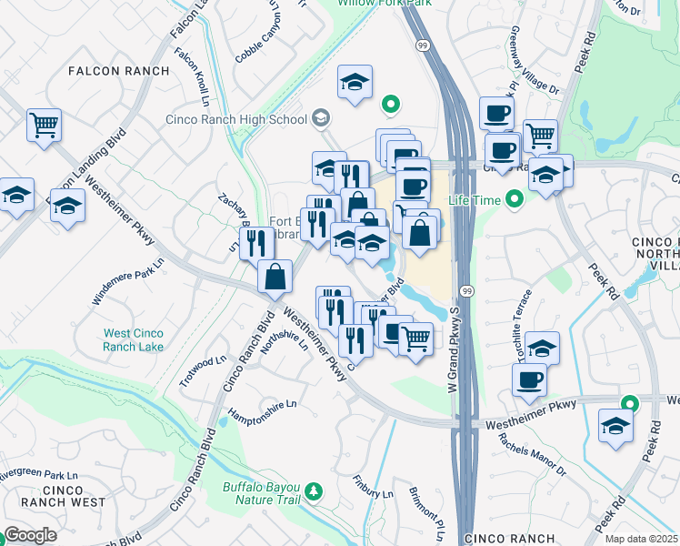 map of restaurants, bars, coffee shops, grocery stores, and more near 24001 Cinco Village Center Boulevard in Katy