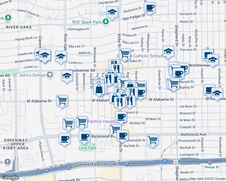 map of restaurants, bars, coffee shops, grocery stores, and more near 2651 Kipling Street in Houston