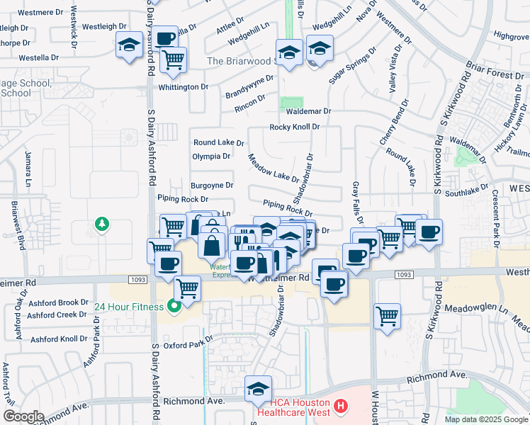 map of restaurants, bars, coffee shops, grocery stores, and more near 12200 Overbrook Lane in Houston