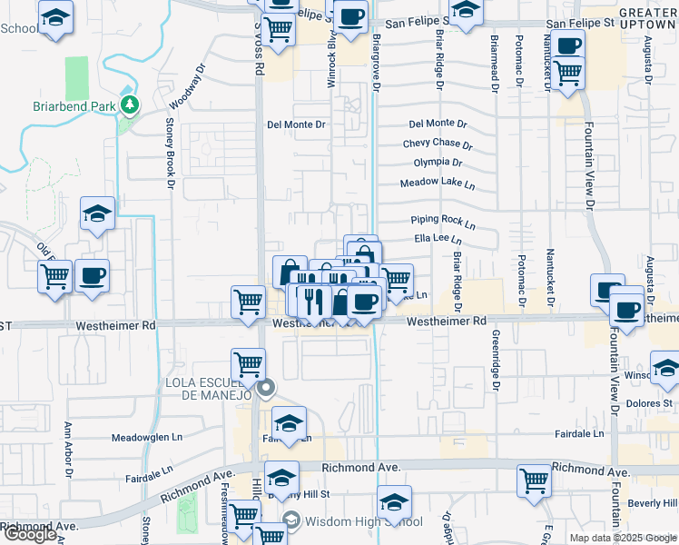 map of restaurants, bars, coffee shops, grocery stores, and more near 2520 Winrock Boulevard in Houston