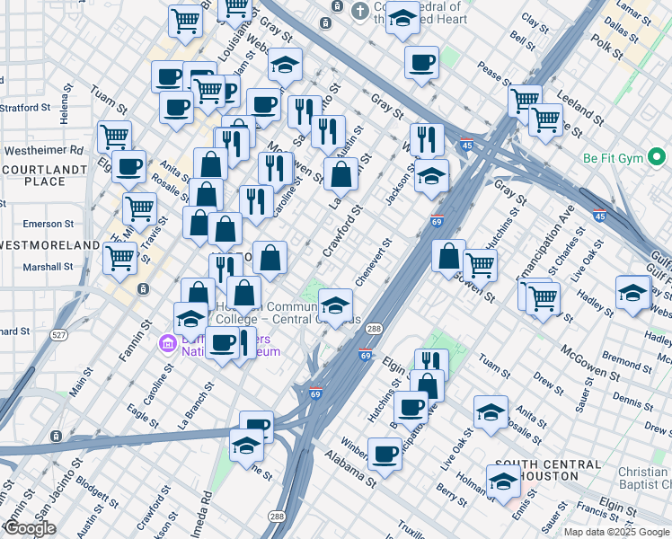 map of restaurants, bars, coffee shops, grocery stores, and more near 2920 Jackson Street in Houston