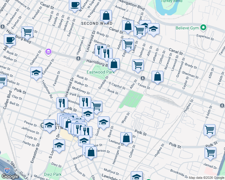 map of restaurants, bars, coffee shops, grocery stores, and more near 4933 Walker Street in Houston