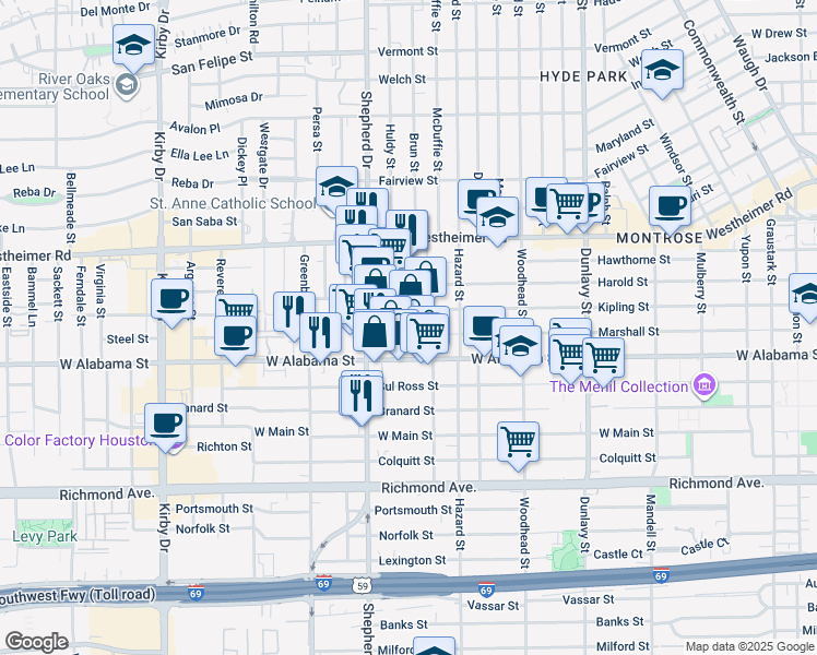 map of restaurants, bars, coffee shops, grocery stores, and more near 2019 Marshall Street in Houston