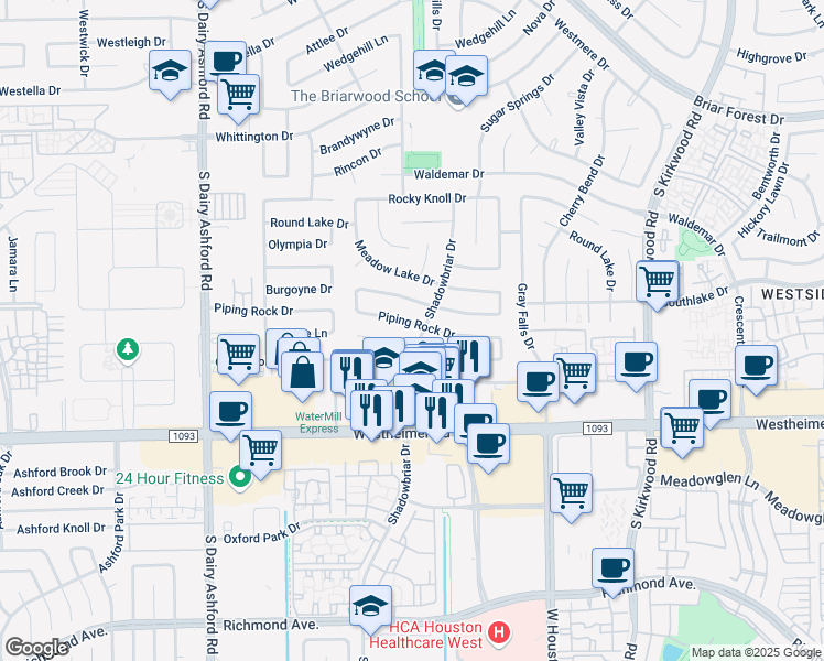 map of restaurants, bars, coffee shops, grocery stores, and more near 12203 Ella Lee Drive in Houston