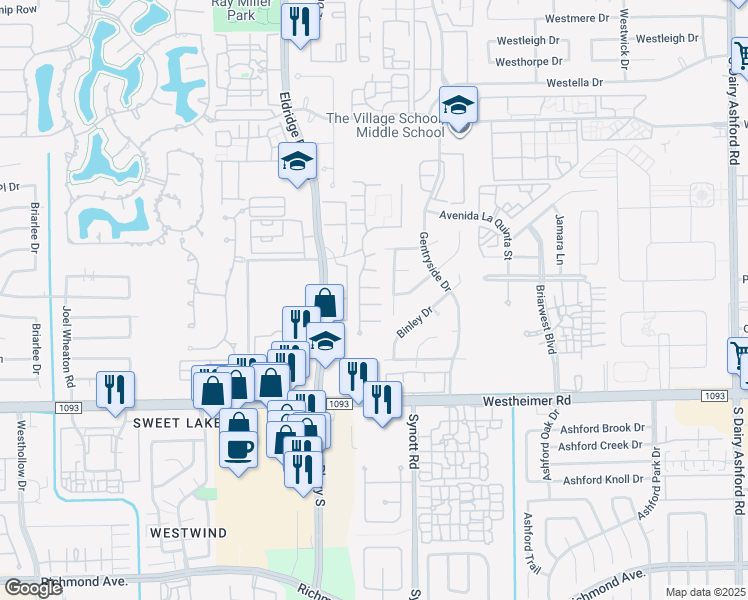 map of restaurants, bars, coffee shops, grocery stores, and more near 13222 Parkway Glen Drive in Houston
